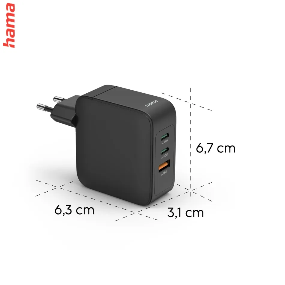 Hama rýchla USB nabíjačka GaN 2x USB-C, USB-A, PD 100 W, čierna