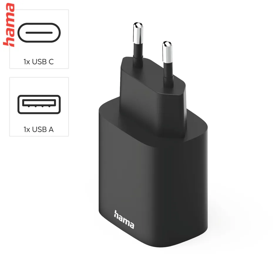 Hama rýchla USB nabíjačka USB-C, USB-A, PD/QC 30 W, čierna