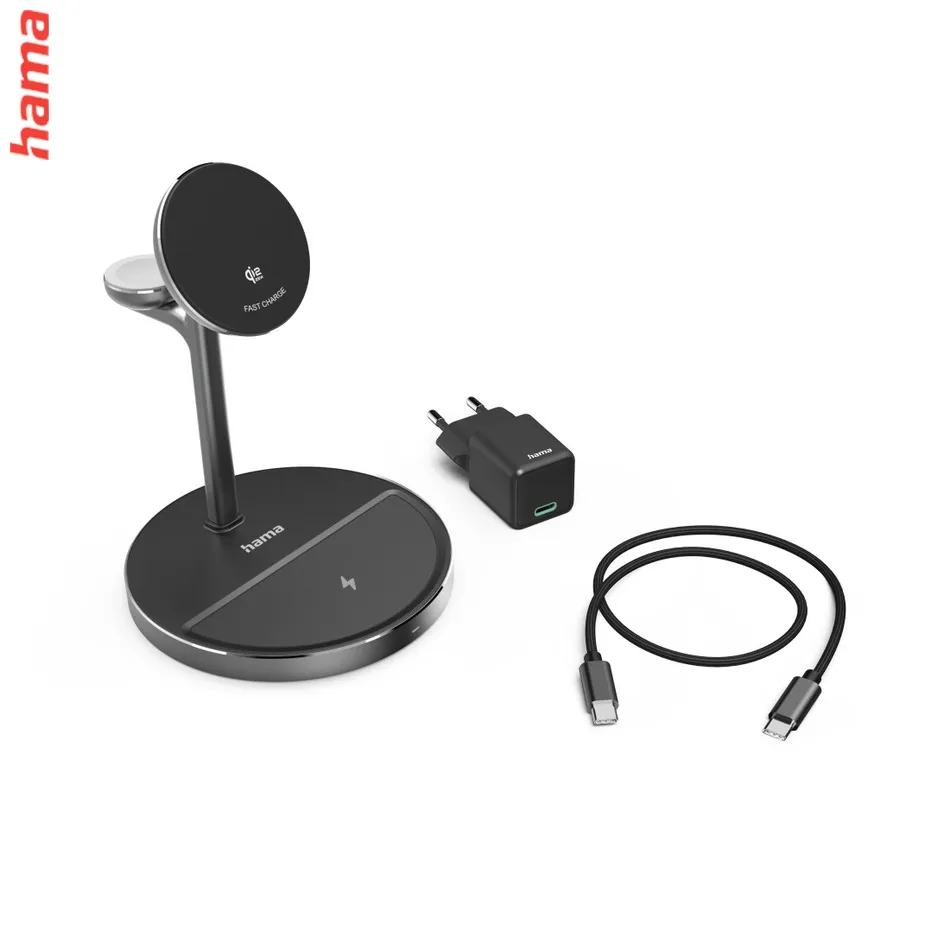 Hama bezdrôtová nabíjačka s držiakom 3v1, Qi2 15 W, USB-C adaptér 45 W