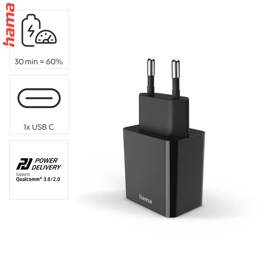 Hama rýchla USB nabíjačka USB-C PD 20 W, čierna