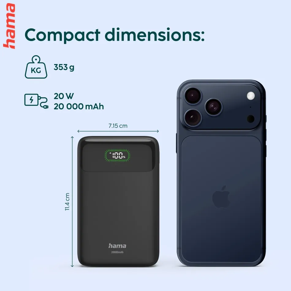 PD20-W20 powerbanka, 20000 mAh, 20 W, 2x USB-C, 1x USB-A, displej