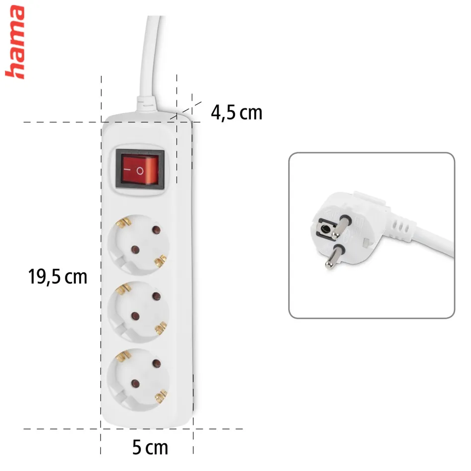 Hama 3-násobná zásuvková lišta s vypínačom, 3 m, biela