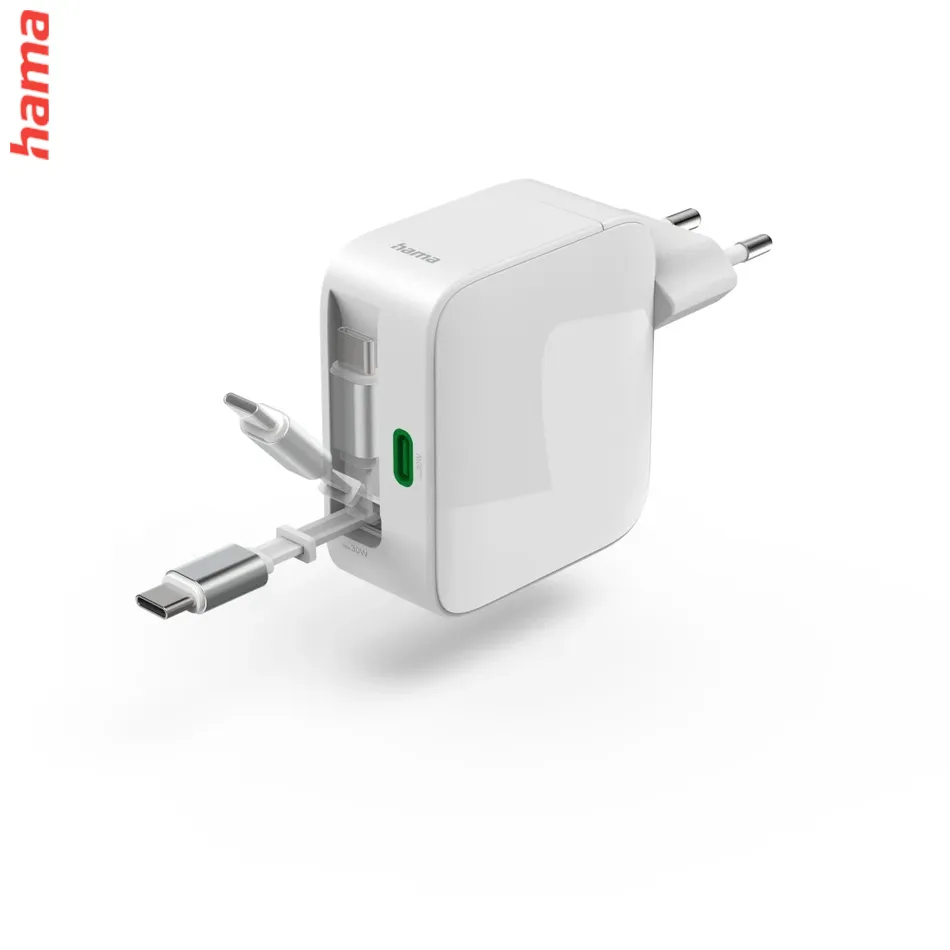 Hama nabíjačka na notebook a mobil 65 W GaN, 2x USB-C, vysúvateľný kábel, biela