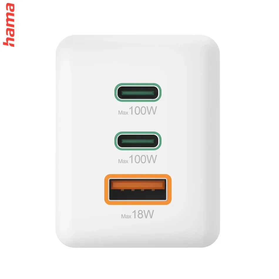 Hama rýchlonabíjačka USB C 100 W GaN, 2x USB-C, 1x USB-A, biela