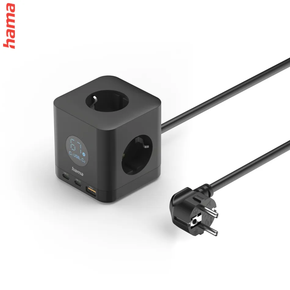 Hama predlžovačka s USB Cube, 3 zásuvky, 2x USB-C, 1x USB-A, PD 67 W, 1,4 m
