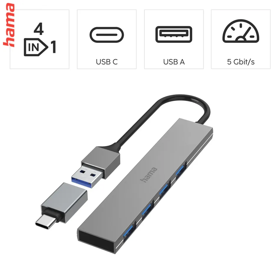 Hama USB hub, 4 porty, USB 3.2, 5 Gb/s, Ultra Slim, USB-C adaptér