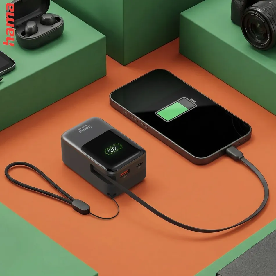 Hama Roll Up powerbanka, 10000 mAh, 20 W, 1x USB-C, 1x USB-A, navíjací kábel