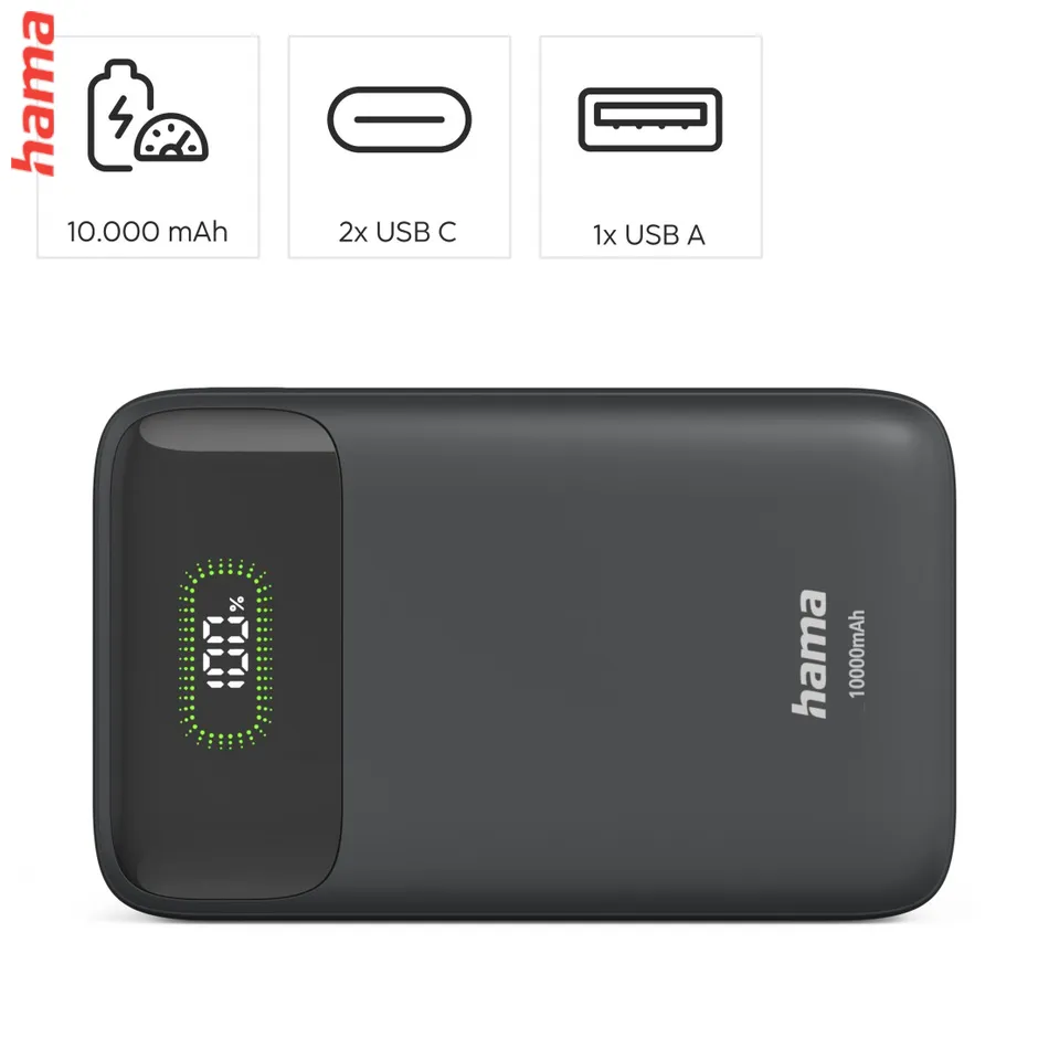 PD10-W20 powerbanka, 10000 mAh, 20 W, 2x USB-C, 1x USB-A, displej