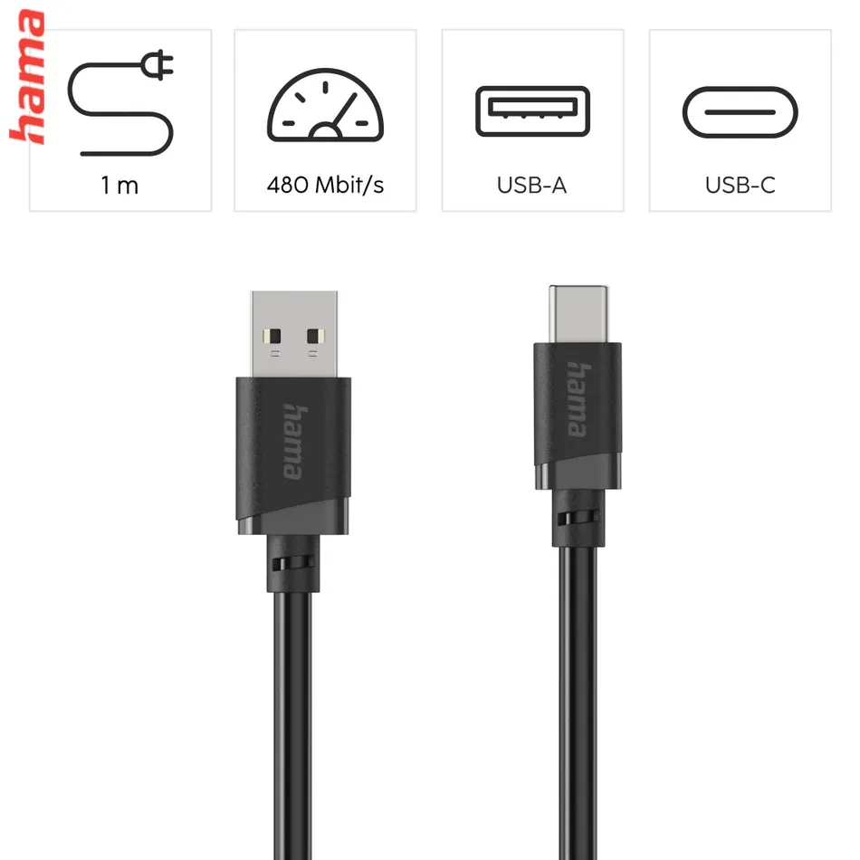 Hama USB kábel C, USB-A na USB-C, 1 m, čierny