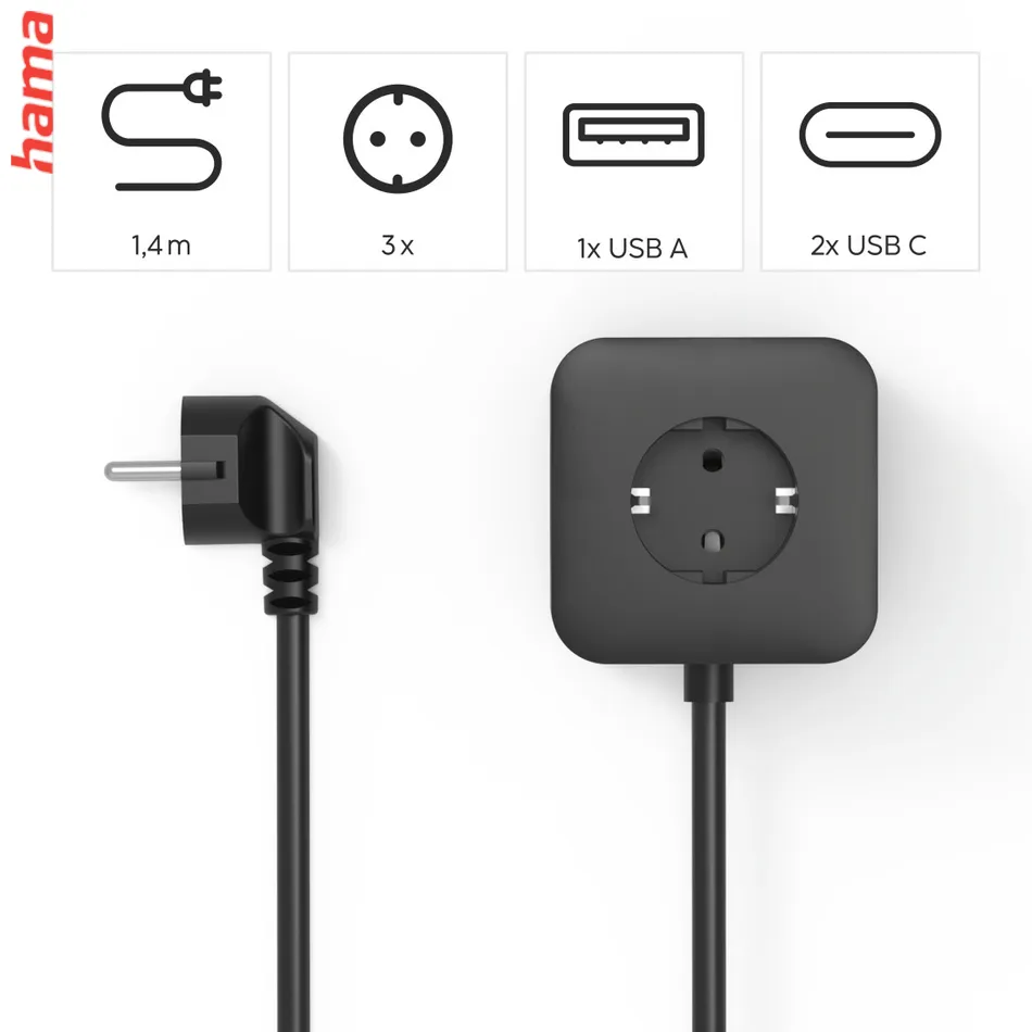 Hama predlžovačka s USB Cube, 3 zásuvky, 2x USB-C, 1x USB-A, PD 67 W, 1,4 m