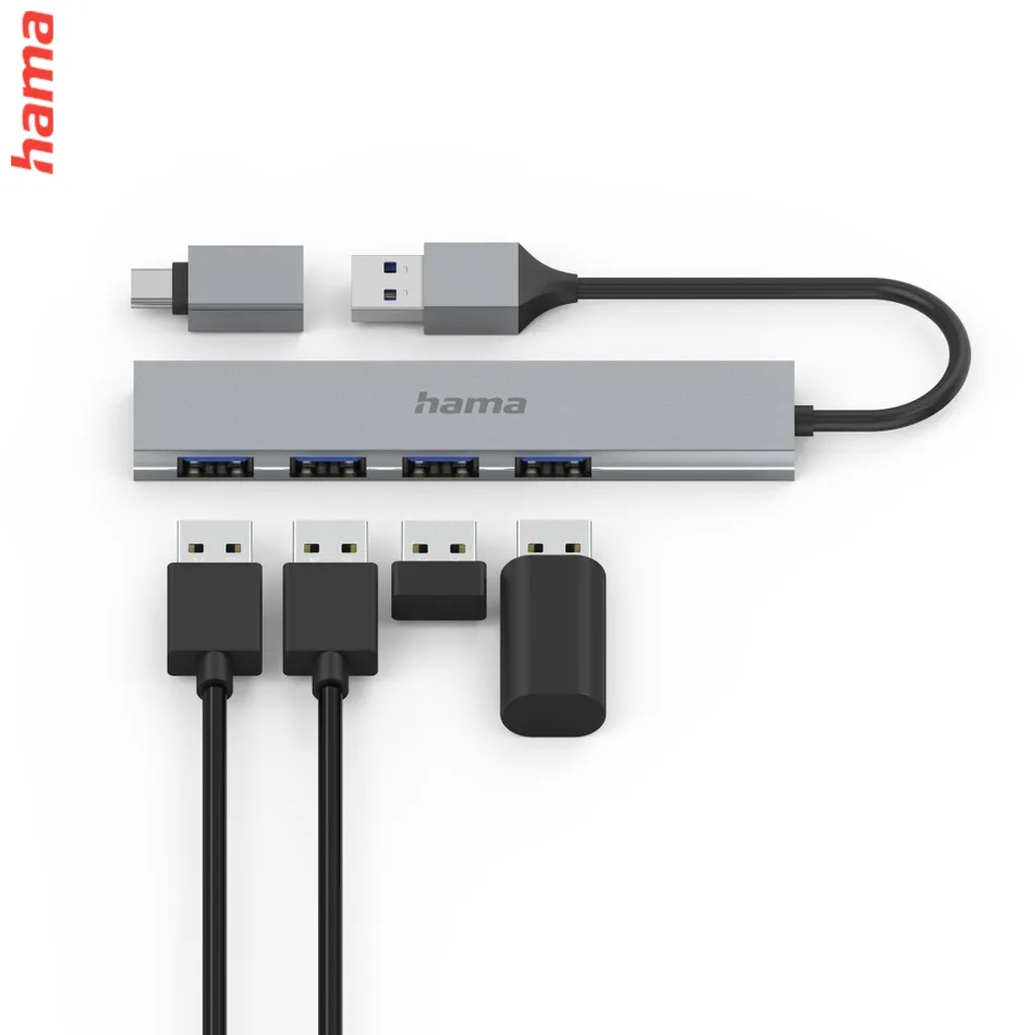 Hama USB hub, 4 porty, USB 3.2, 5 Gb/s, Ultra Slim, USB-C adaptér