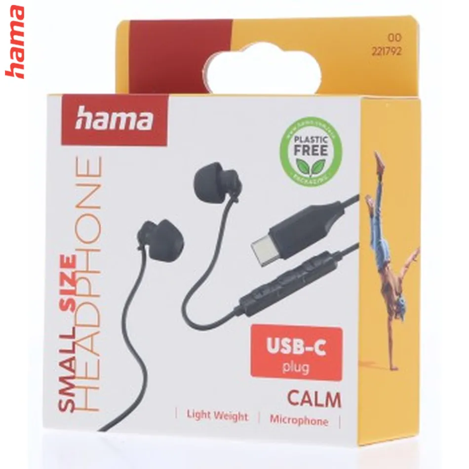 Hama USB-C slúchadlá s mikrofónom Calm, mini štuple, čierne