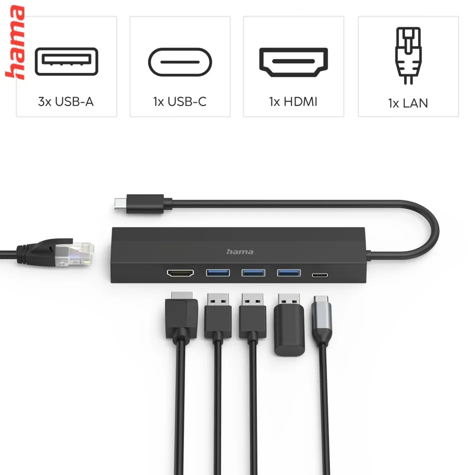Hama USB-C hub, multiport, 3x USB-A, USB-C PD, HDMI, LAN, 6 portov