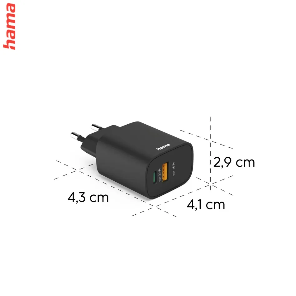 Hama rýchla USB nabíjačka USB-C, USB-A, PD/QC 30 W, čierna