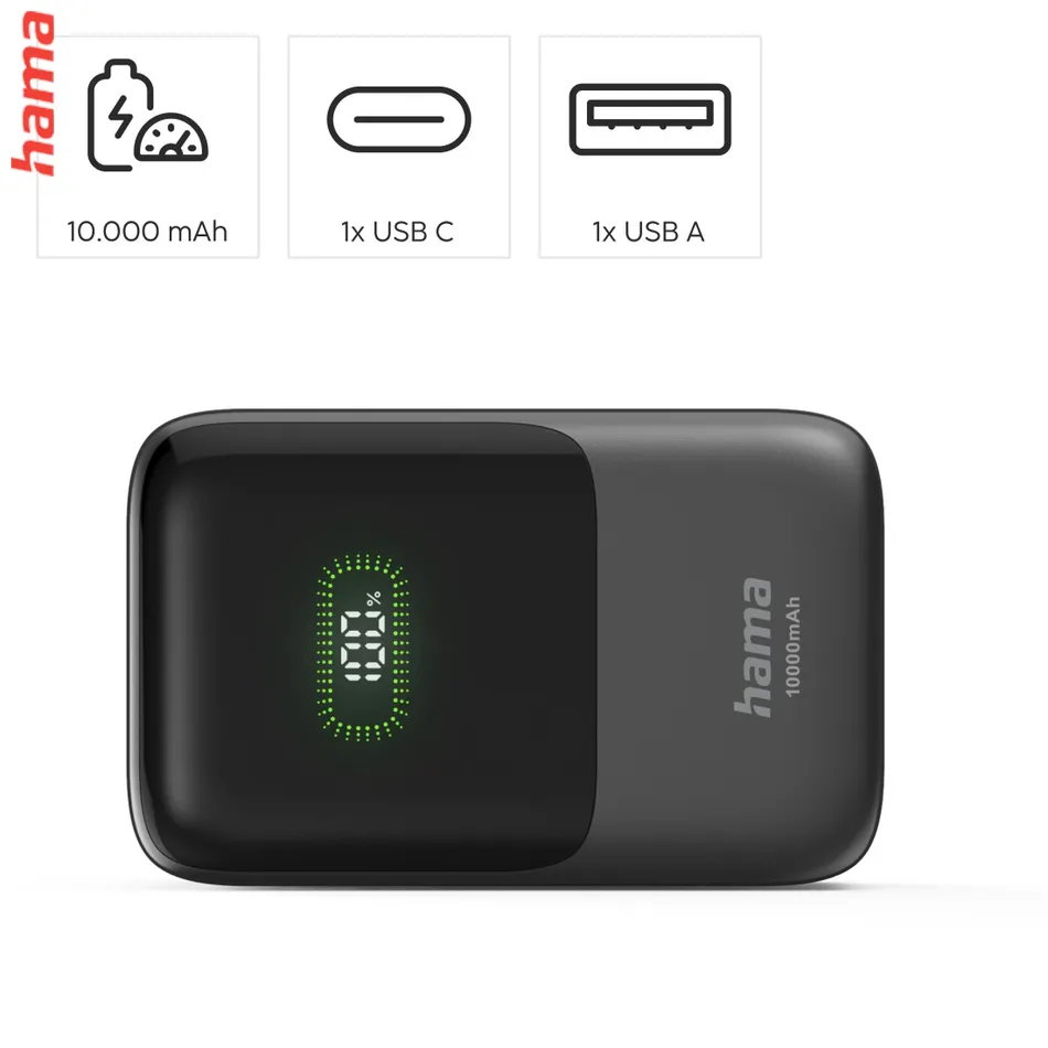 Hama Roll Up powerbanka, 10000 mAh, 20 W, 1x USB-C, 1x USB-A, navíjací kábel