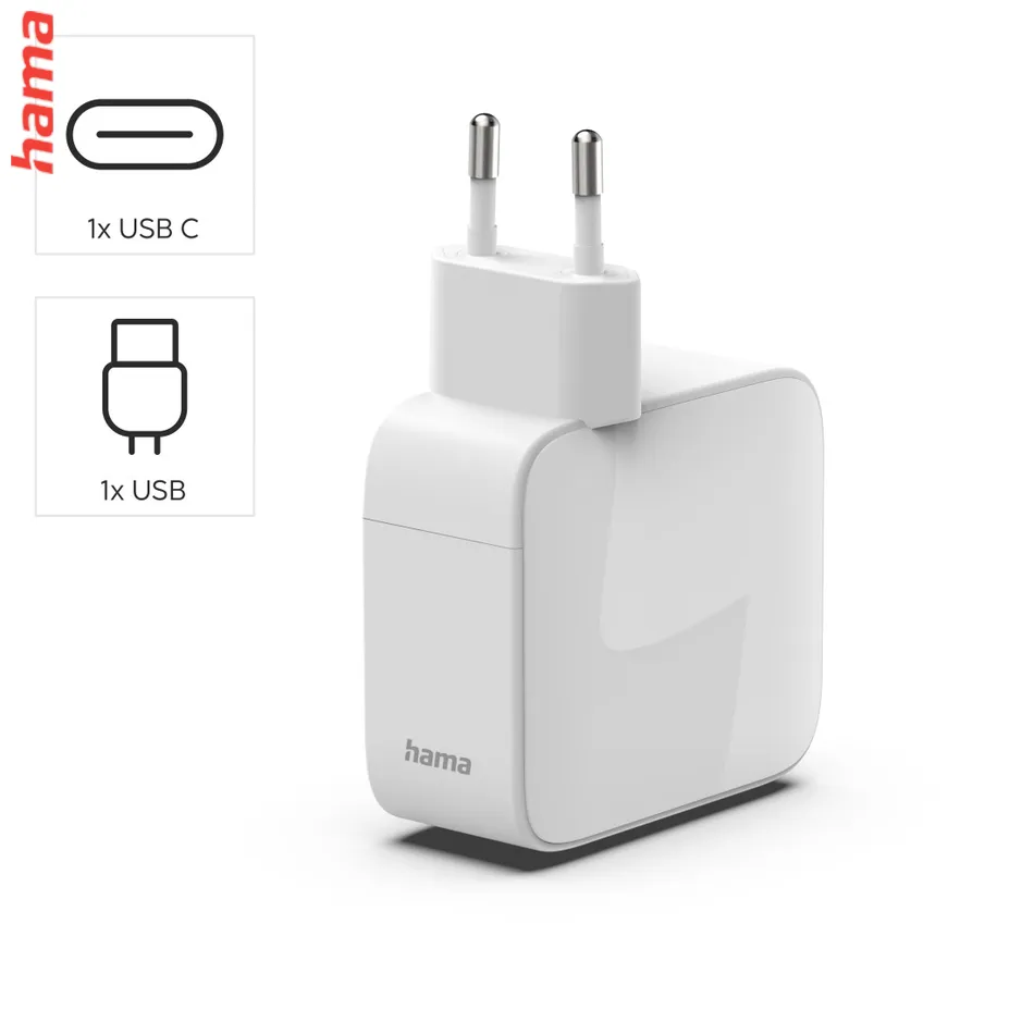 Hama nabíjačka na notebook a mobil 65 W GaN, 2x USB-C, vysúvateľný kábel, biela