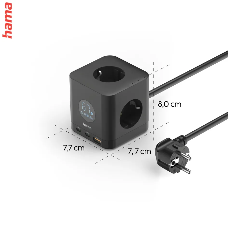 Hama predlžovačka s USB Cube, 3 zásuvky, 2x USB-C, 1x USB-A, PD 67 W, 1,4 m