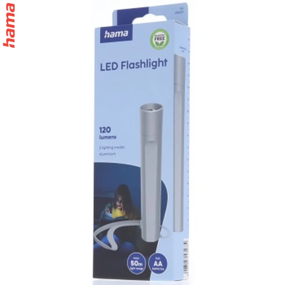 Hama FL120, LED baterka, hliníková, 120 lm / 50 m, 3 režimy svietenia, pútko na ruku, vr. batérií