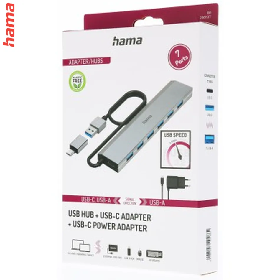 Hama USB-Hub, 7 portov, USB 3.2, 5 Gbit/s, USB-C adaptér, sieťový zdroj