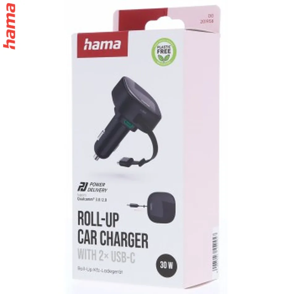 Hama rýchla USB nabíjačka do vozidla, 2x USB-C, PD 30 W, navíjací kábel