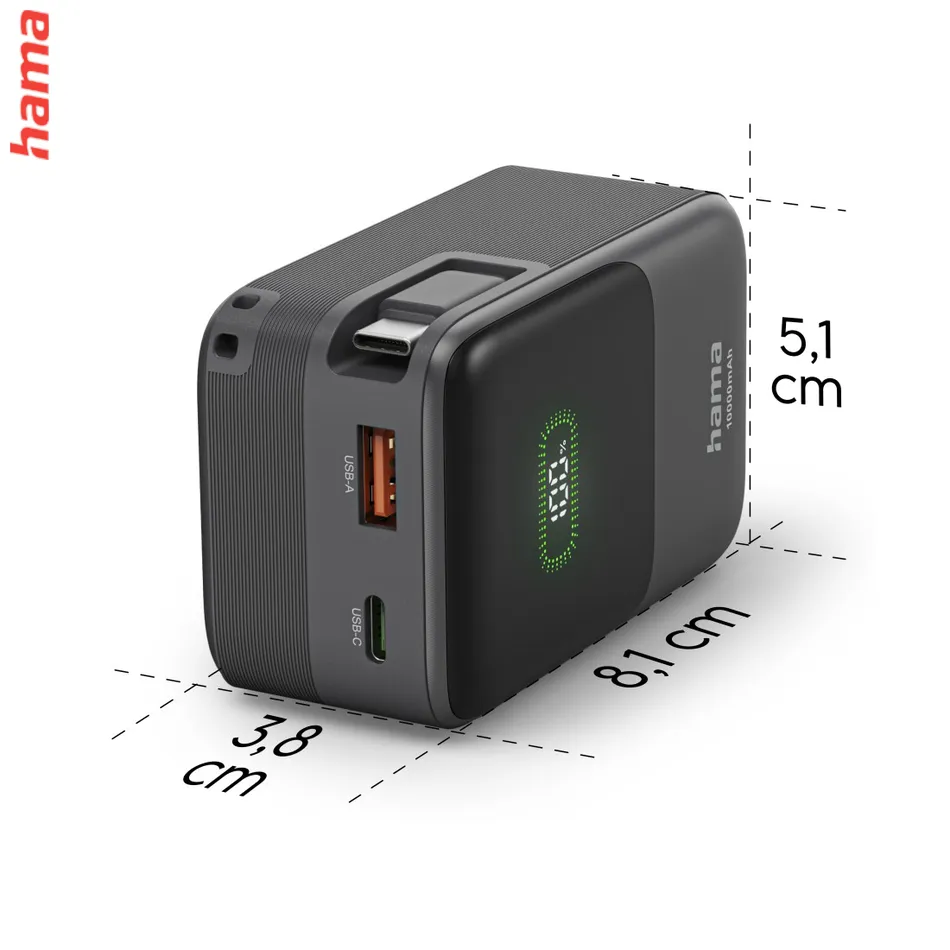 Hama Roll Up powerbanka, 10000 mAh, 20 W, 1x USB-C, 1x USB-A, navíjací kábel